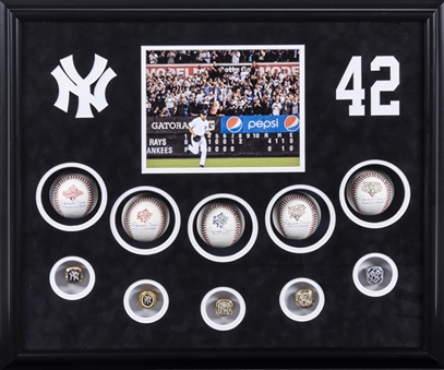 Mariano Rivera Signed Collection of (5) World Series Baseballs With Replica Rings In 26x22 Shadowbox (JSA)